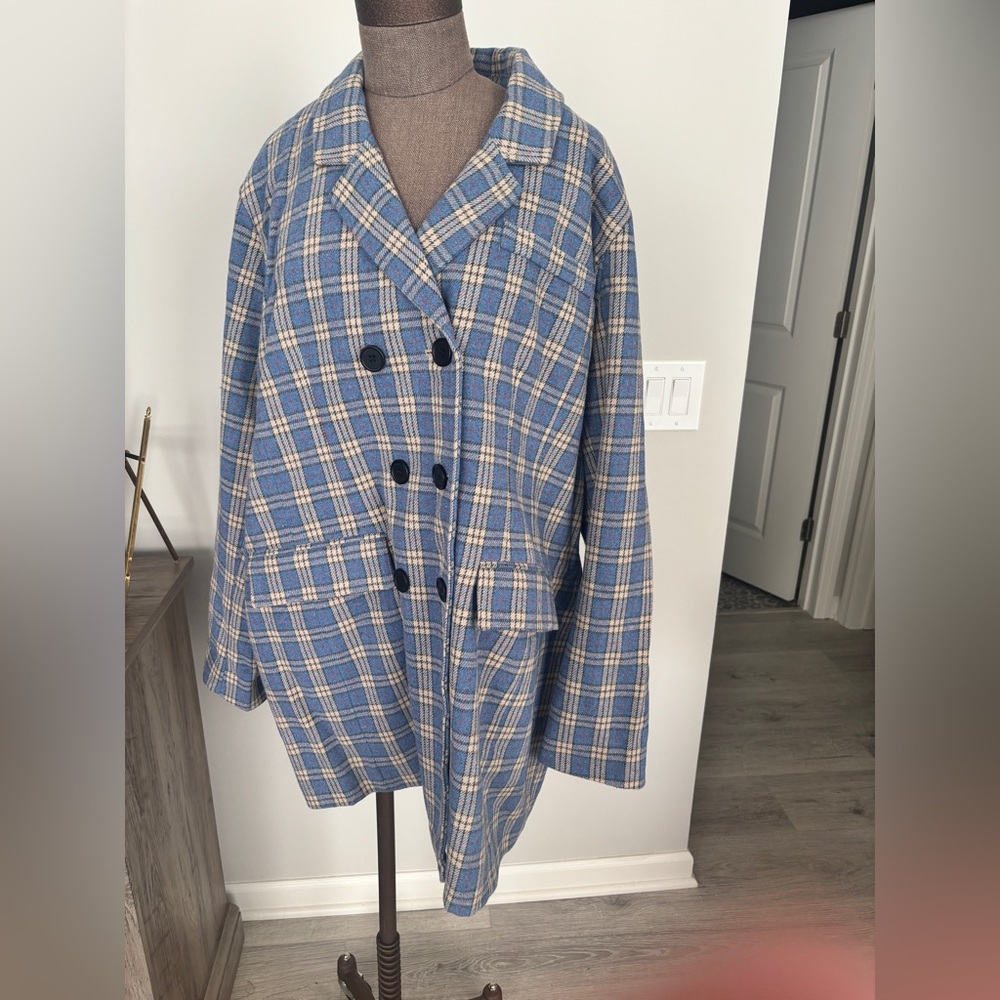 Avec Les Filles Blue Plaid Women's Coat 2XL